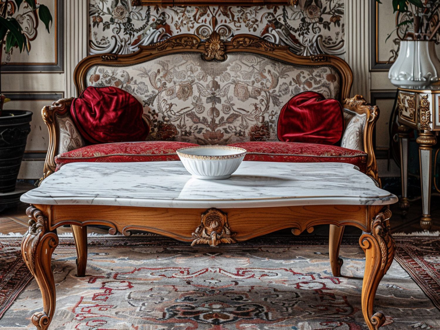 Stylizowana sofa w stylu barokowym z czerwonymi poduszkami