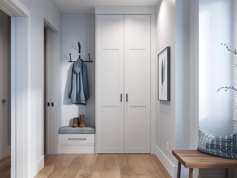 Jasne wejście z szafą do zabudowy i ławką