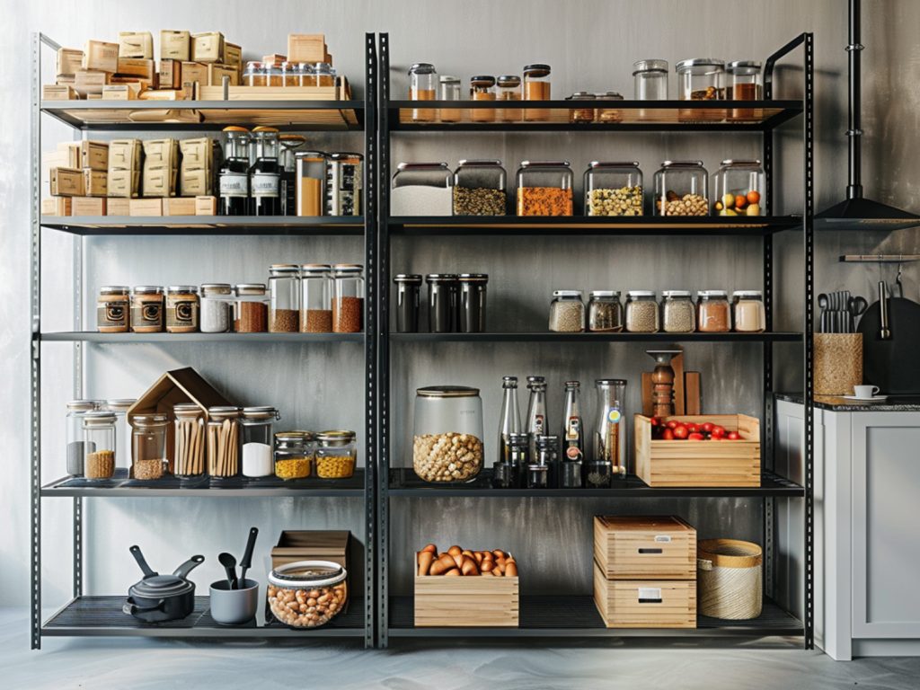 Regał kuchenny typu open shelf z pojemnikami i przyprawami