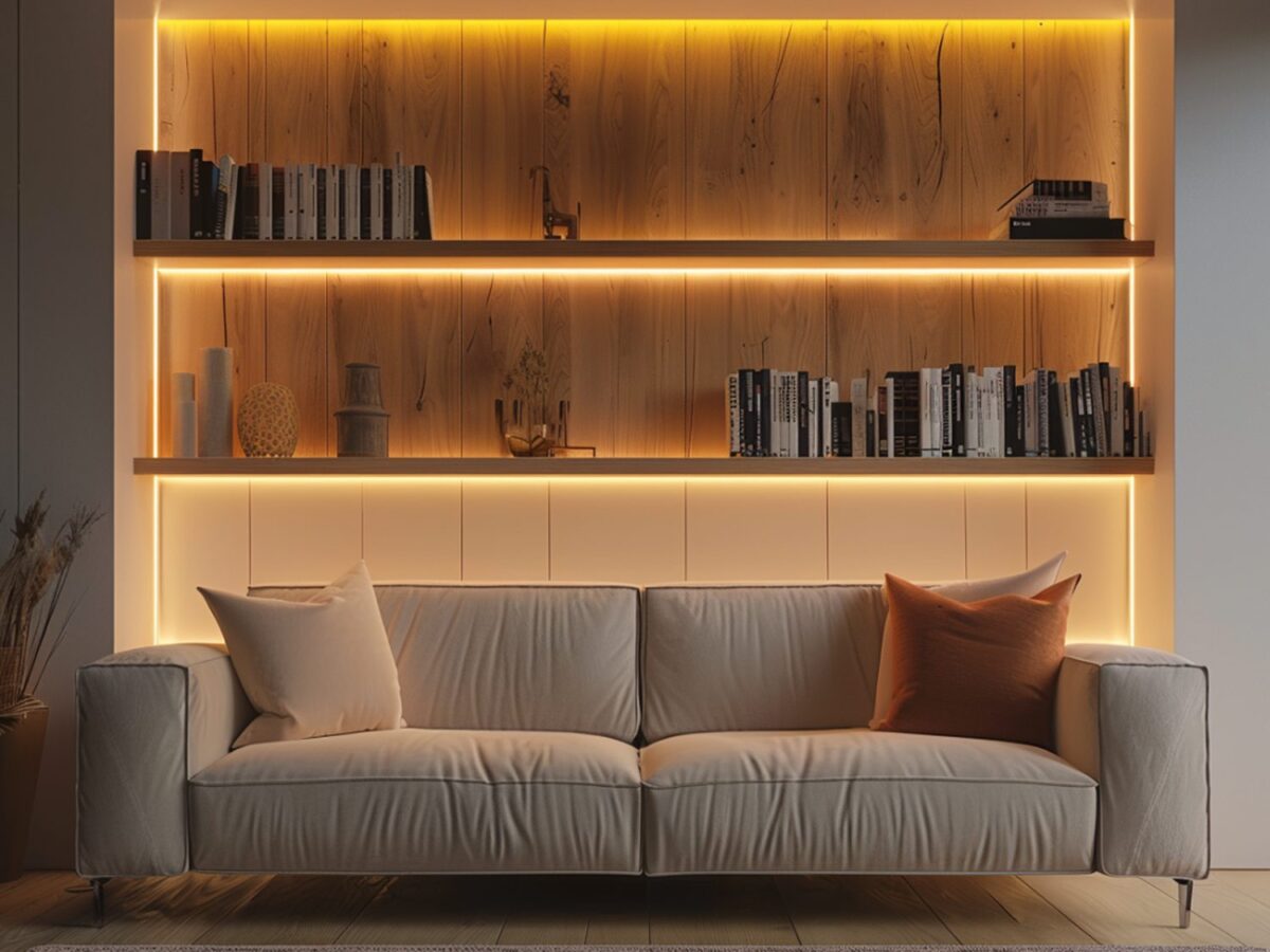 Podświetlany regał na książki z drewnianymi półkami