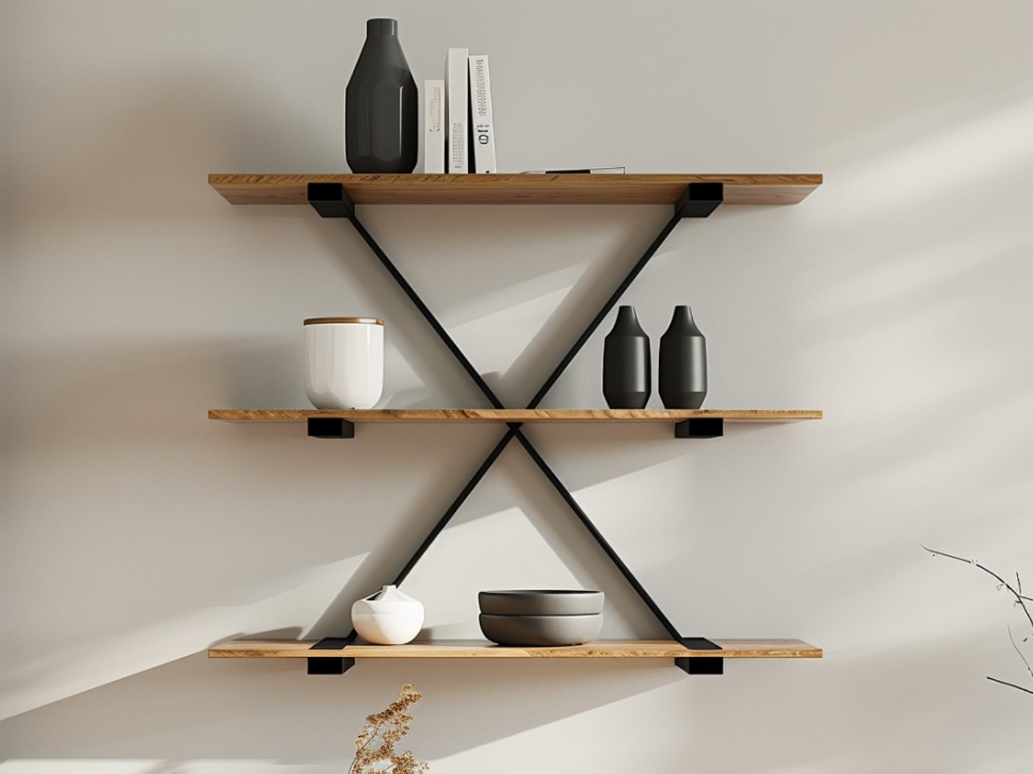 Drewniana półka z czarnymi wspornikami w stylu industrialnym