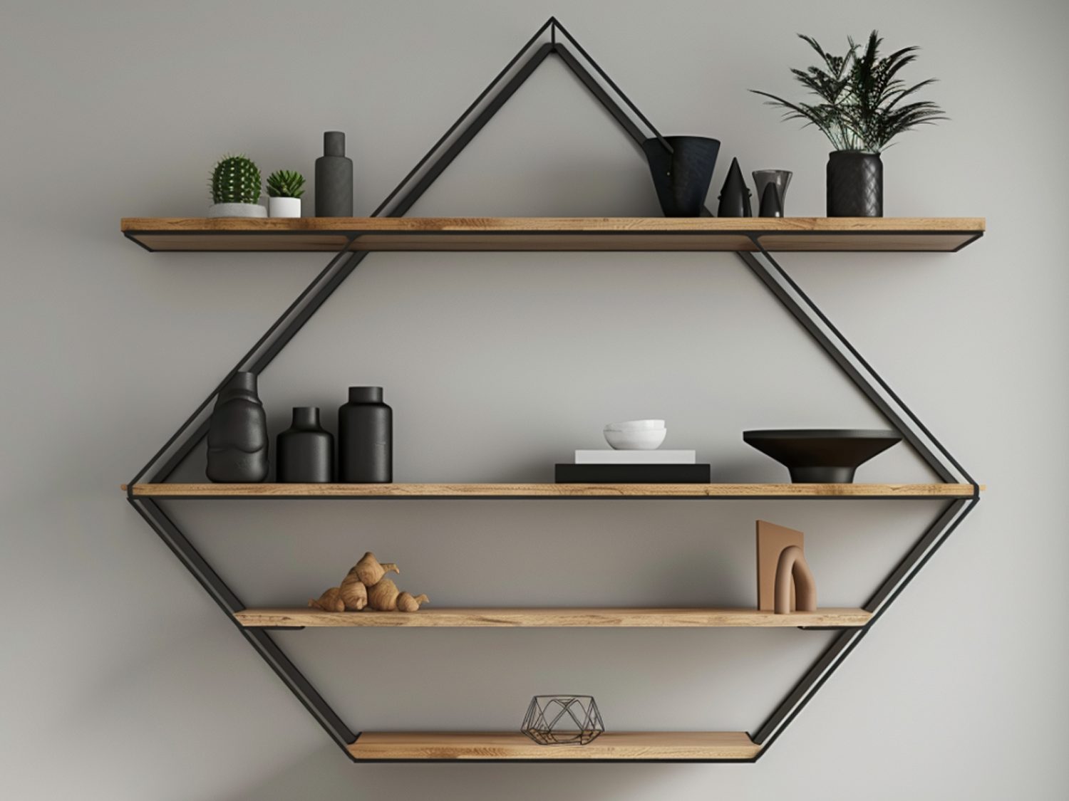 Nowoczesna półka ścienna w kształcie sześciokąta z dekoracjami
