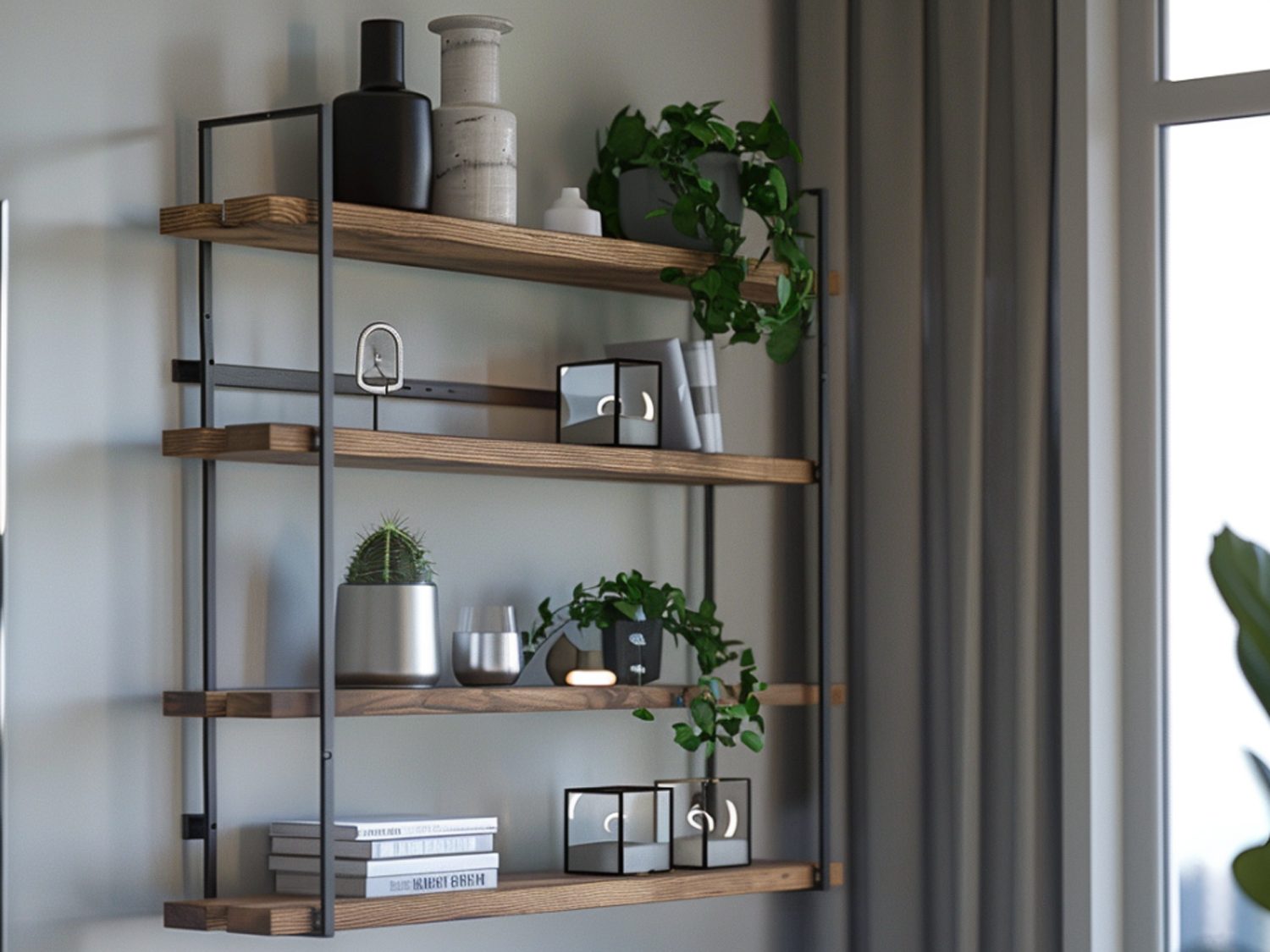 Industrialny regał z dekoracjami i roślinami doniczkowymi