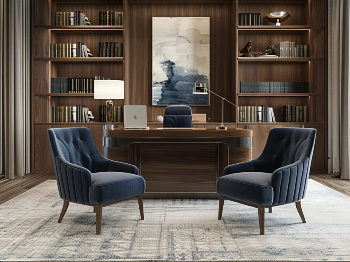 Klasyczny gabinet z regałami i drewnianym biurkiem