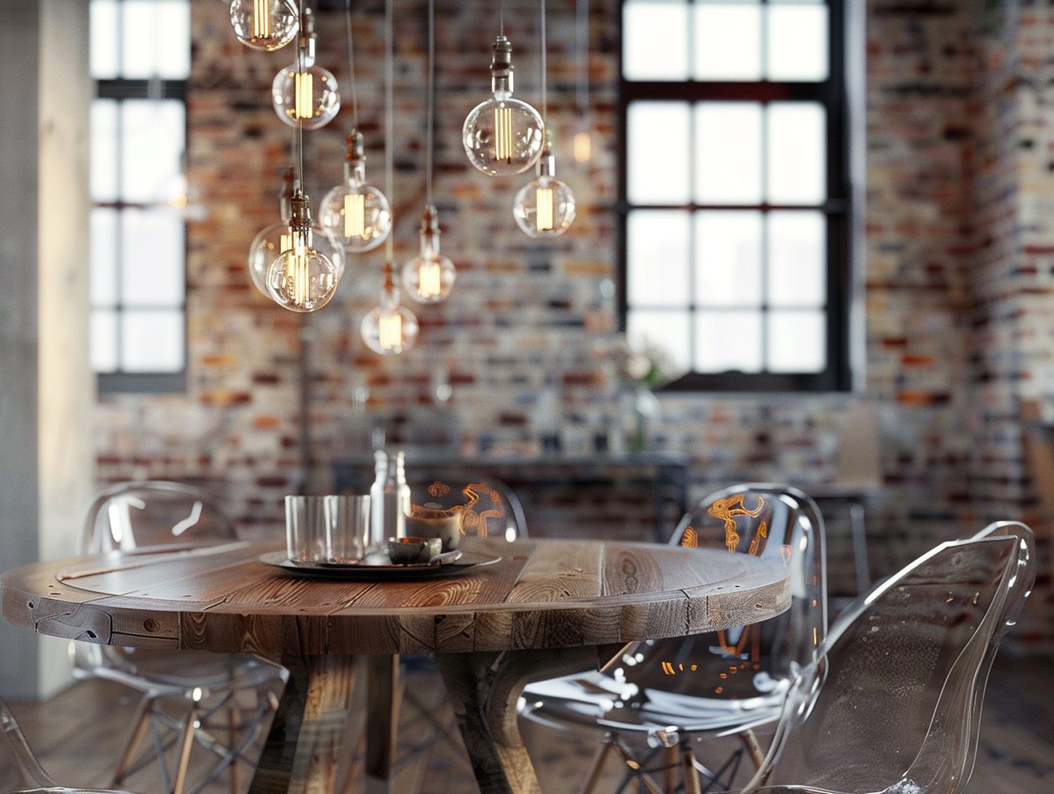 Okrągły stół z drewna i transparentne krzesła w industrialnym lofcie