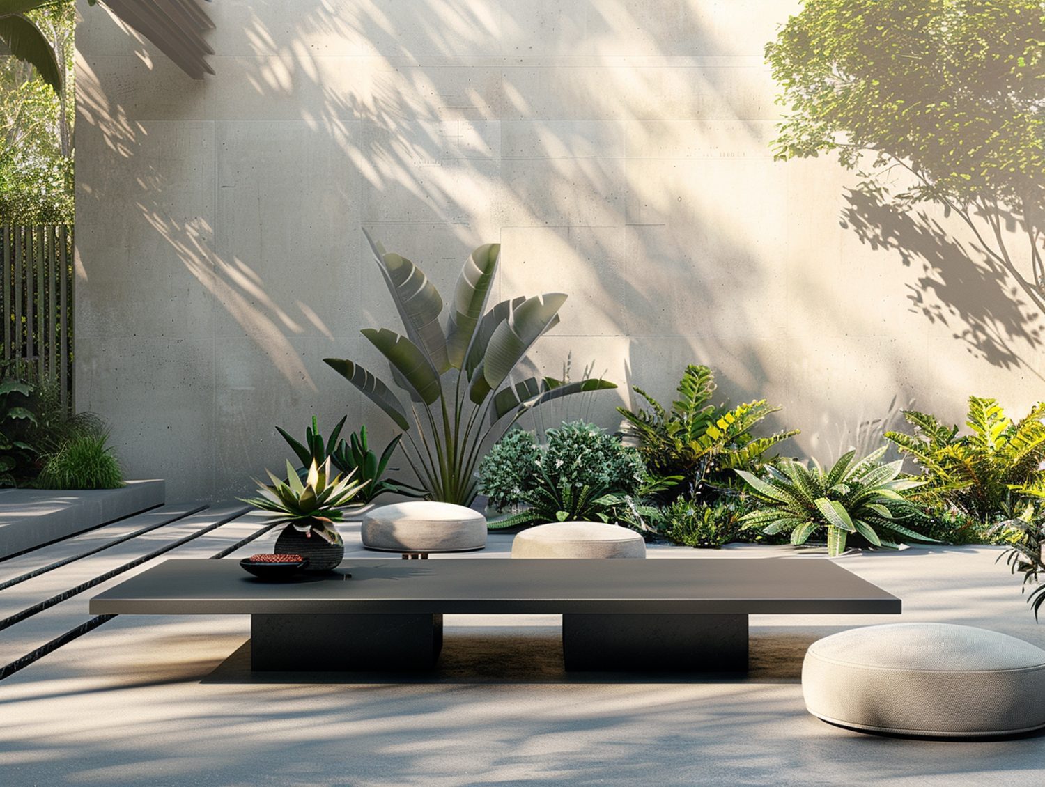 Betonowa ławka ogrodowa z roślinnością tropikalną w tle