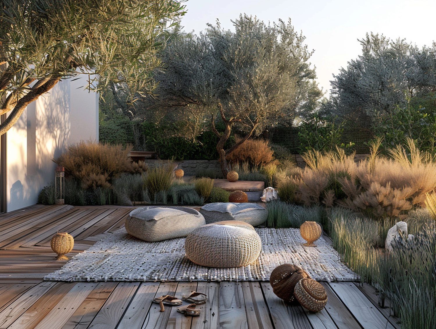 Drewniany taras z poduchami i roślinnością w stylu boho