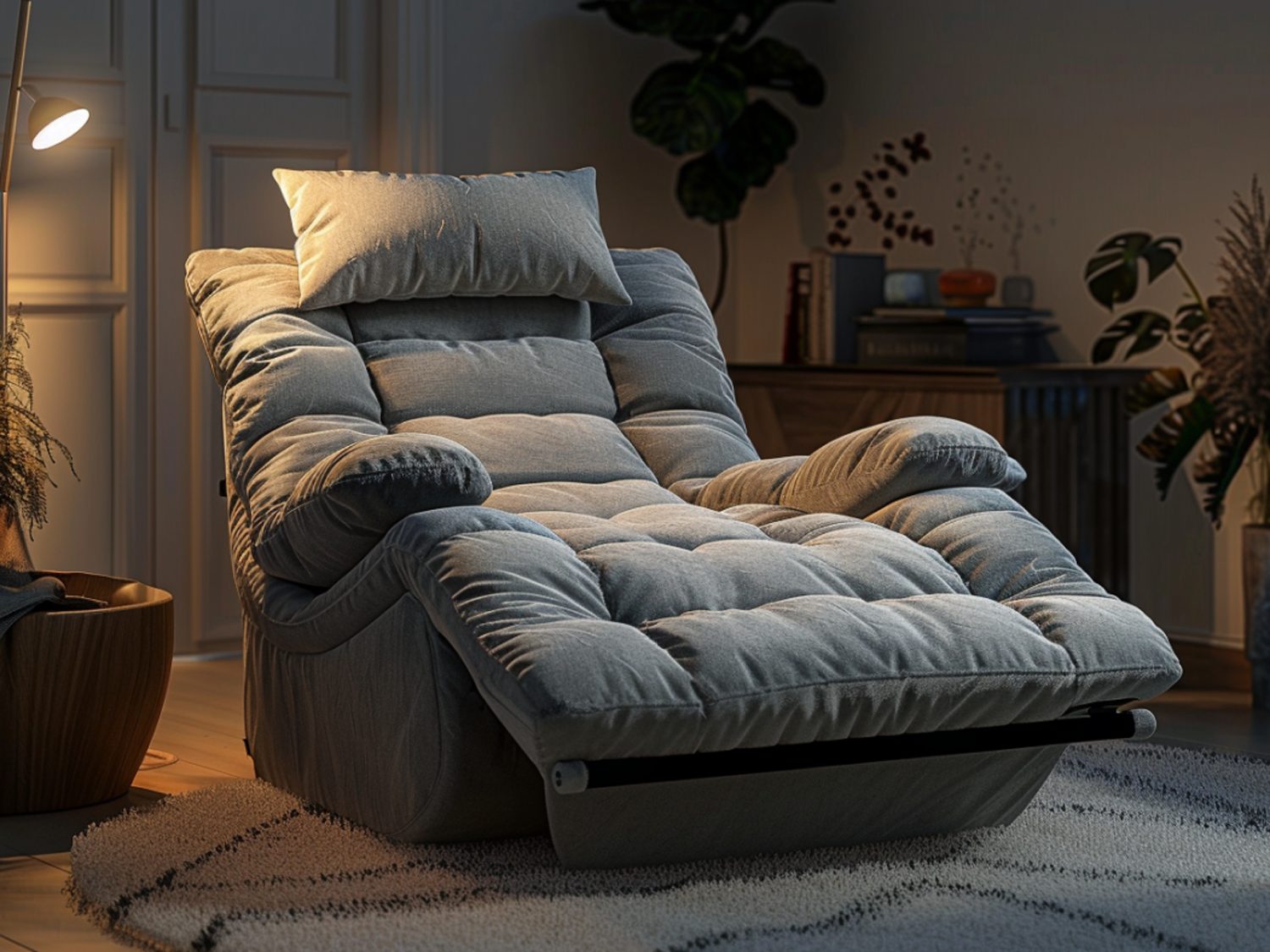 Miękki fotel typu relaks z podnóżkiem w nowoczesnym salonie