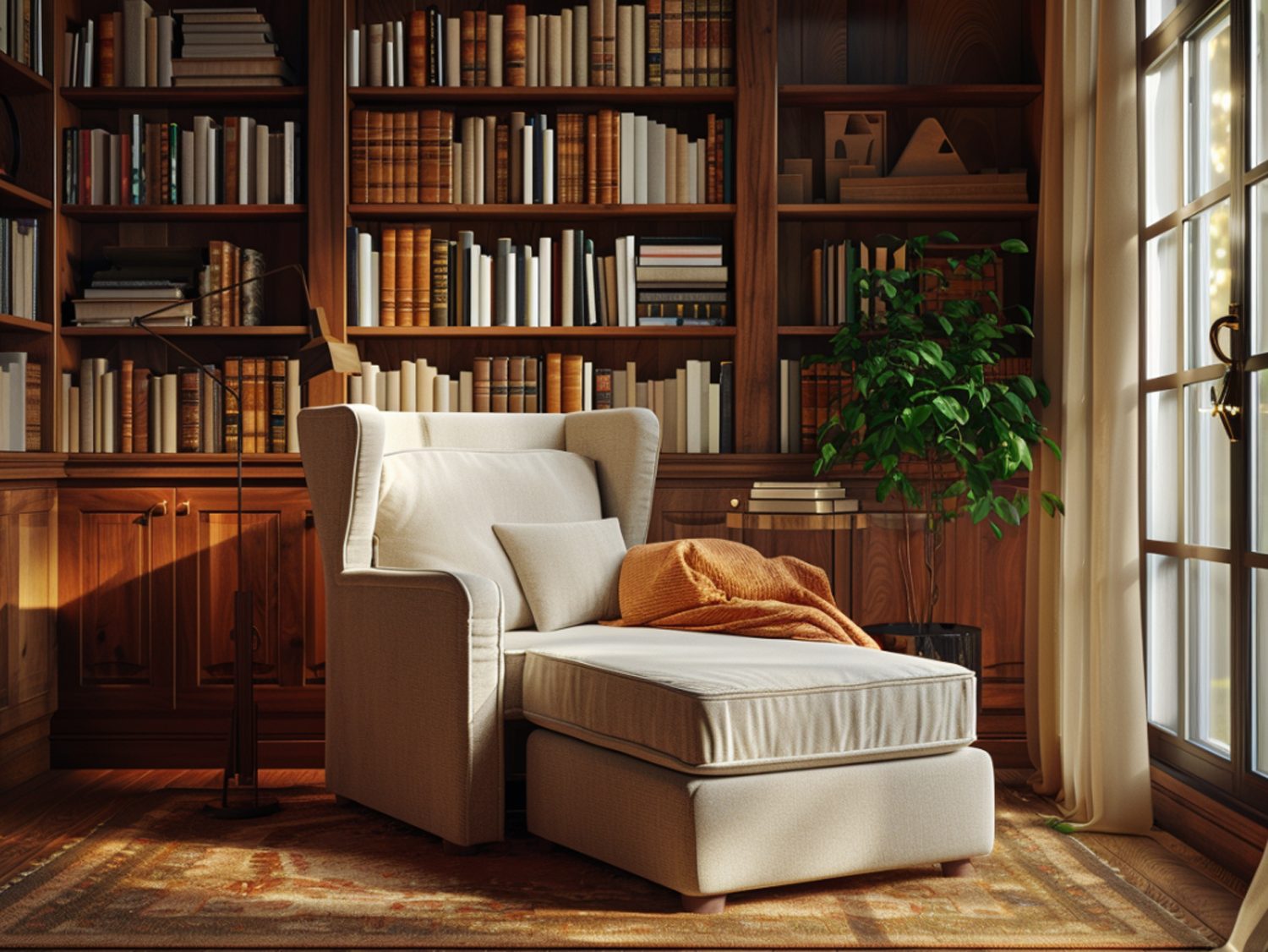 Przytulny kącik do czytania z biblioteczką i fotelem z podnóżkiem