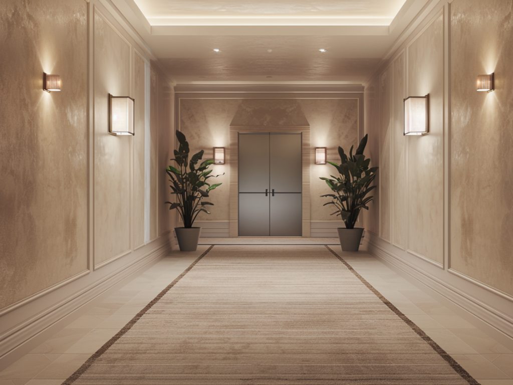 Stylowy korytarz z panelami ściennymi i roślinami w donicach