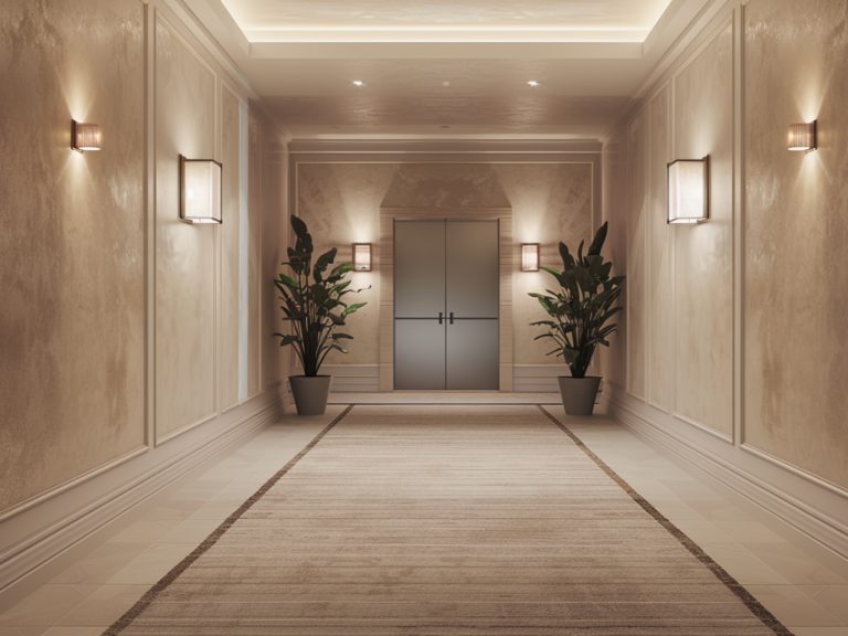 Stylowy korytarz z panelami ściennymi i roślinami w donicach