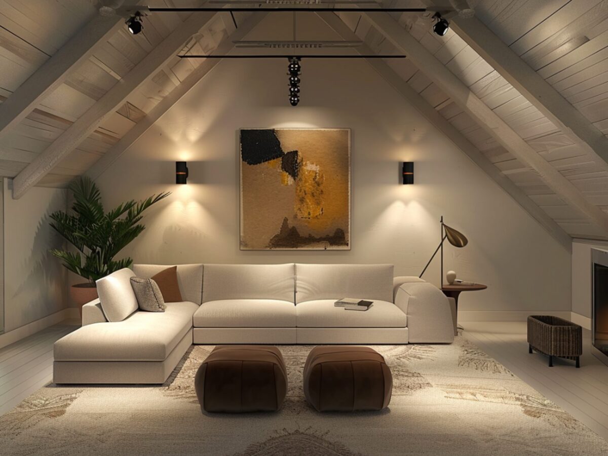 Nowoczesny biały salon na poddaszu z oświetleniem punktowym