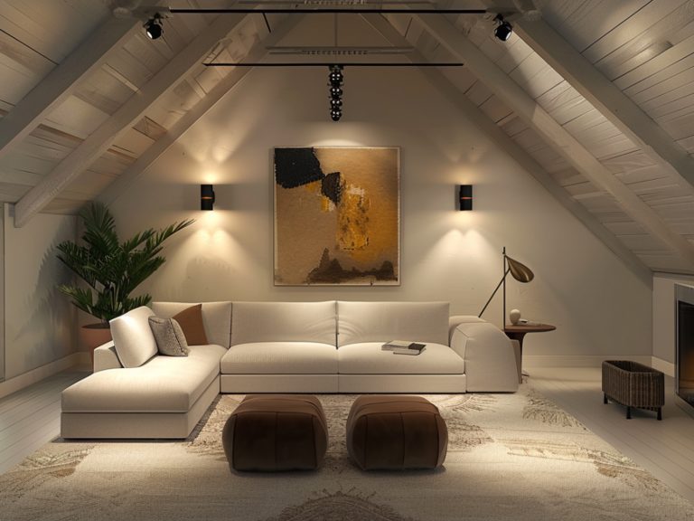 Nowoczesny biały salon na poddaszu z oświetleniem punktowym