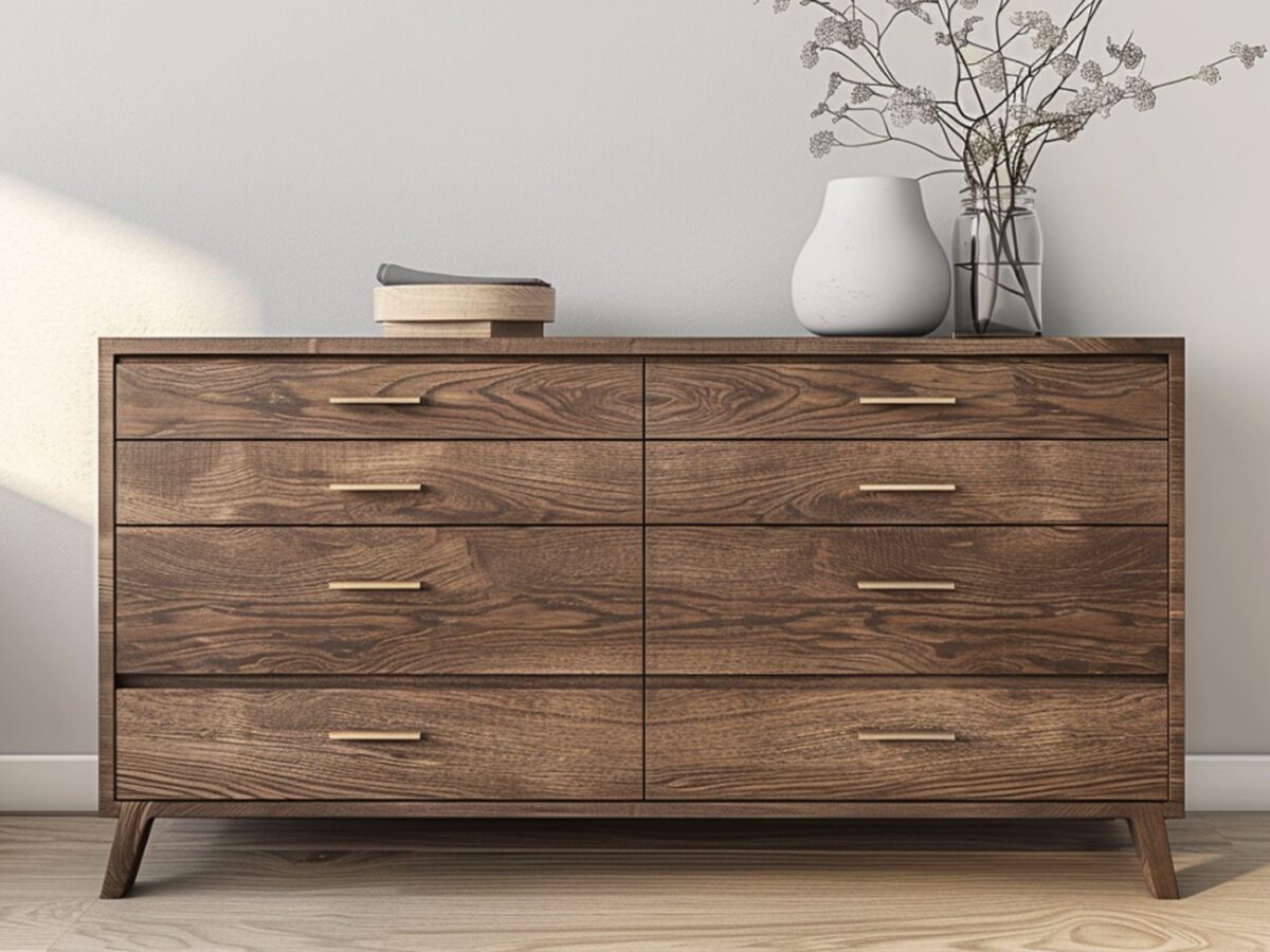 Drewniana komoda z szufladami i nowoczesnym wystrojem