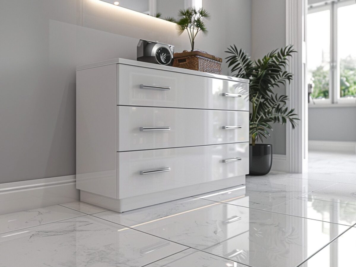 Biała komoda z szufladami i roślinami w nowoczesnym wnętrzu