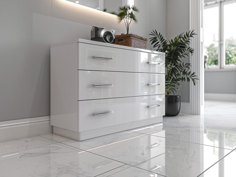 Biała komoda z szufladami i roślinami w nowoczesnym wnętrzu