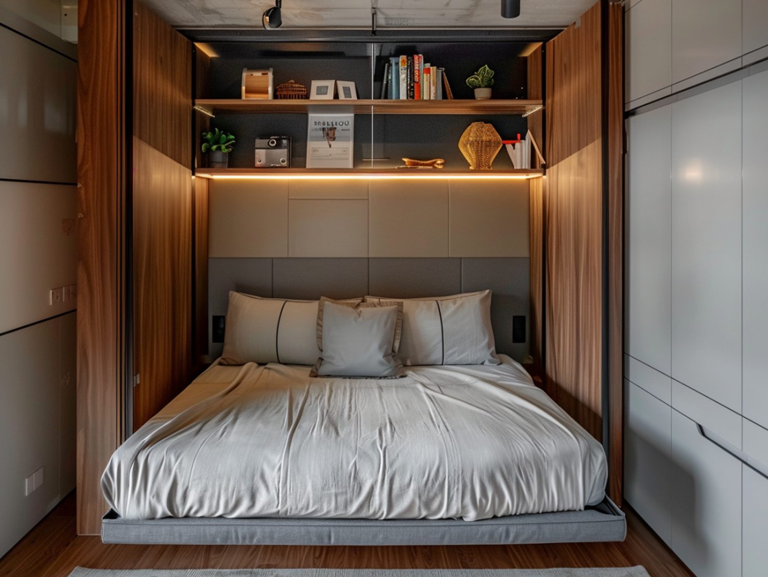 Nowoczesna sypialnia z materacem i wezgłowiem w kolorze szarym