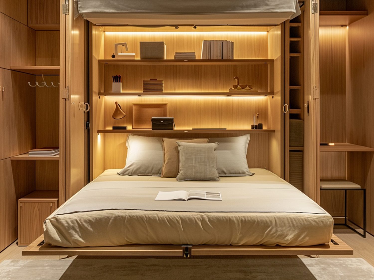 Łóżko z podświetlanymi półkami i drewnianym wykończeniem