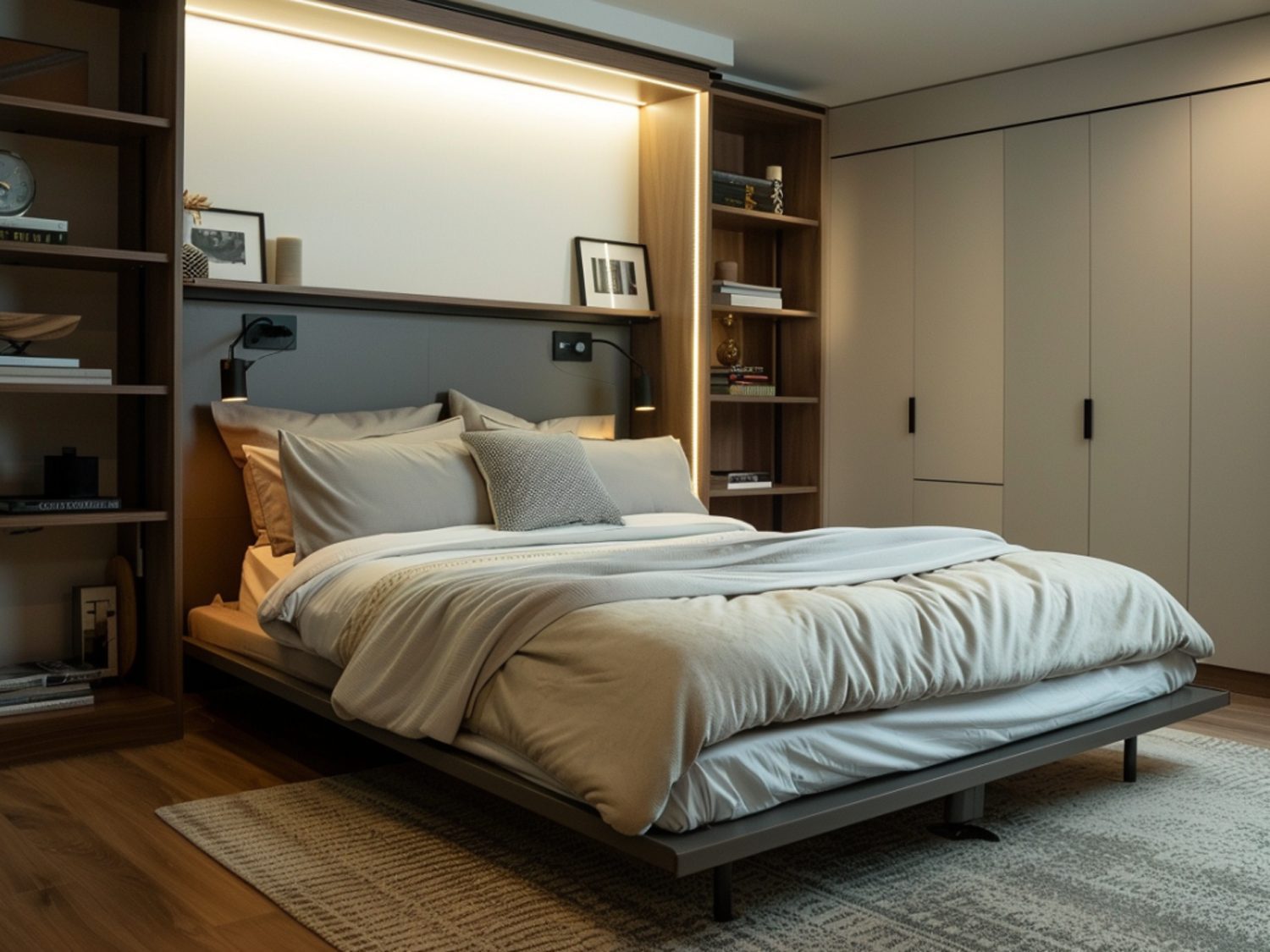 Łóżko z regałem i wbudowanym oświetleniem w stylu skandynawskim
