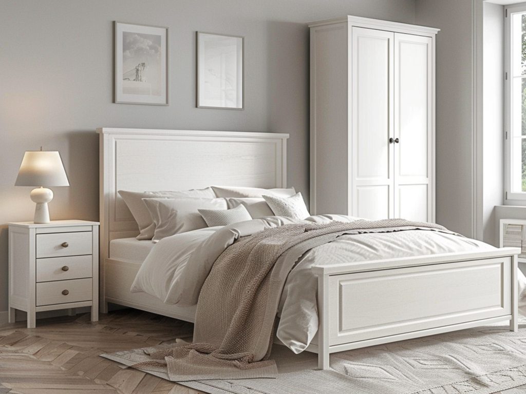 Białe łóżko z prostym zagłówkiem w eleganckiej klasycznej sypialni