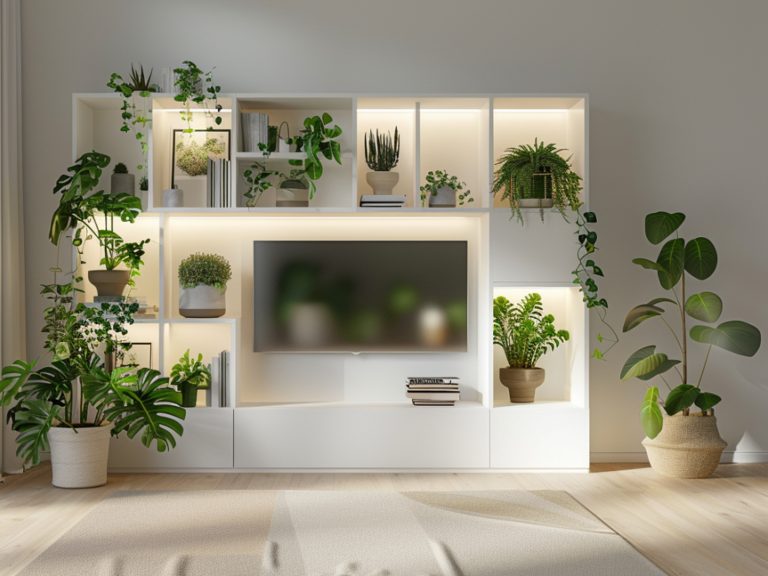 Ściana RTV z podświetlanymi półkami i zielonymi roślinami
