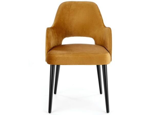 Krzesło tapicerowane w kolorze miodowym, tkanina welurowa, czarne nogi