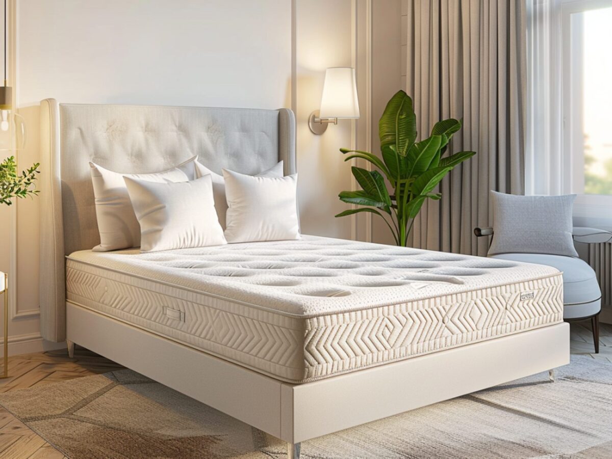 Nowoczesna sypialnia z materacem i wezgłowiem w kolorze beżowym