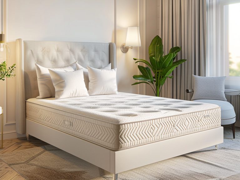 Nowoczesna sypialnia z materacem i wezgłowiem w kolorze beżowym