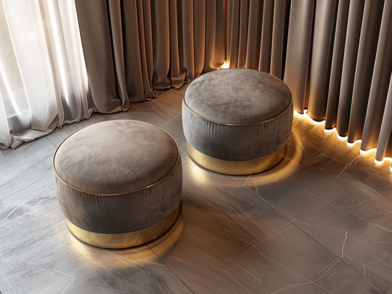 Tapicerowane pufy z ozdobnymi złotymi podstawami