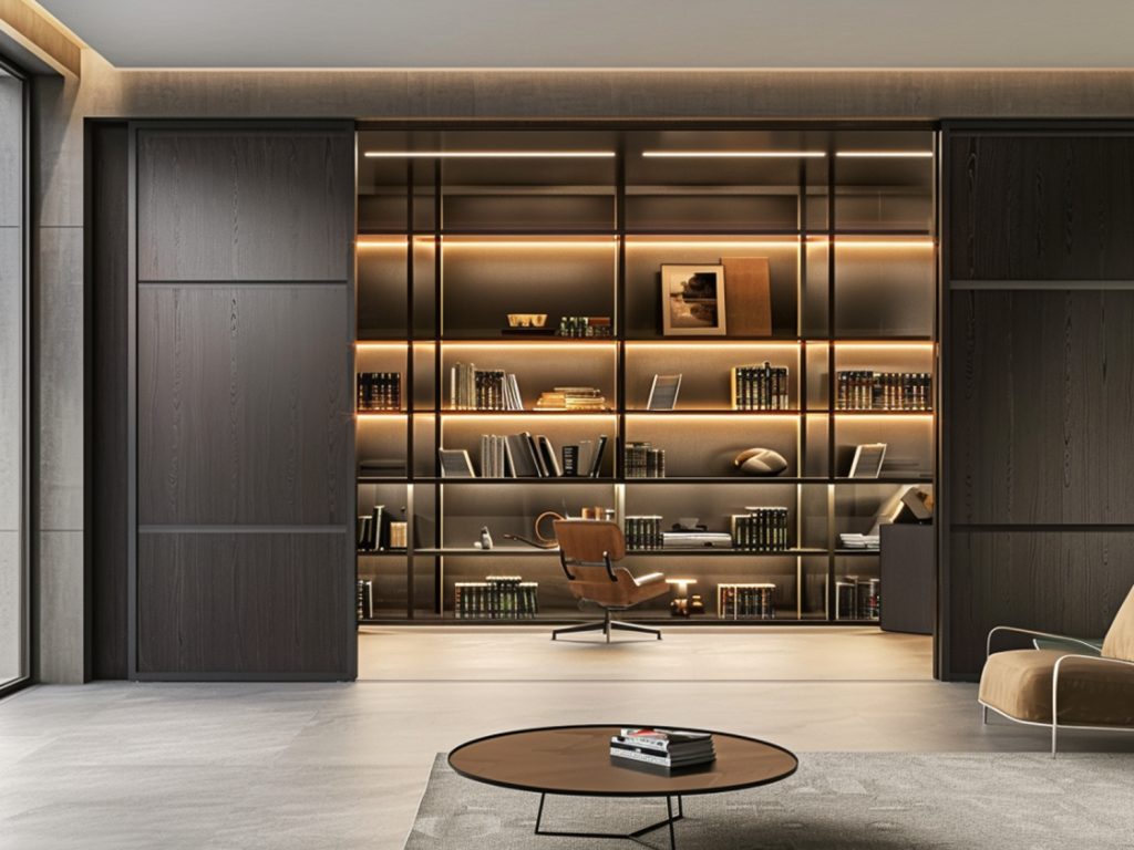 Biblioteka z ciemnym regałem i centralnym oświetleniem LED