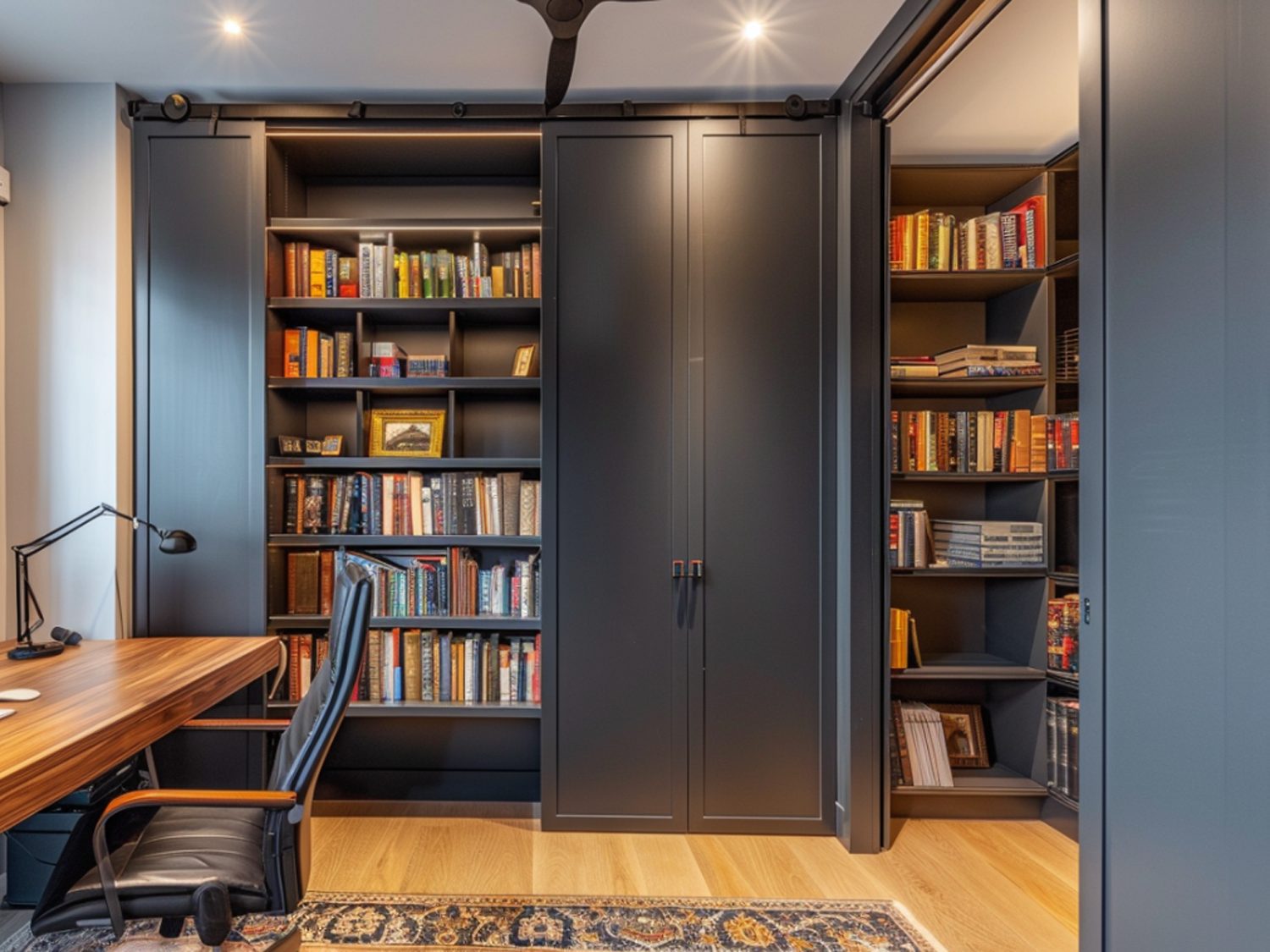 Salon z regałami pełnymi książek i dużymi przeszklonymi drzwiami