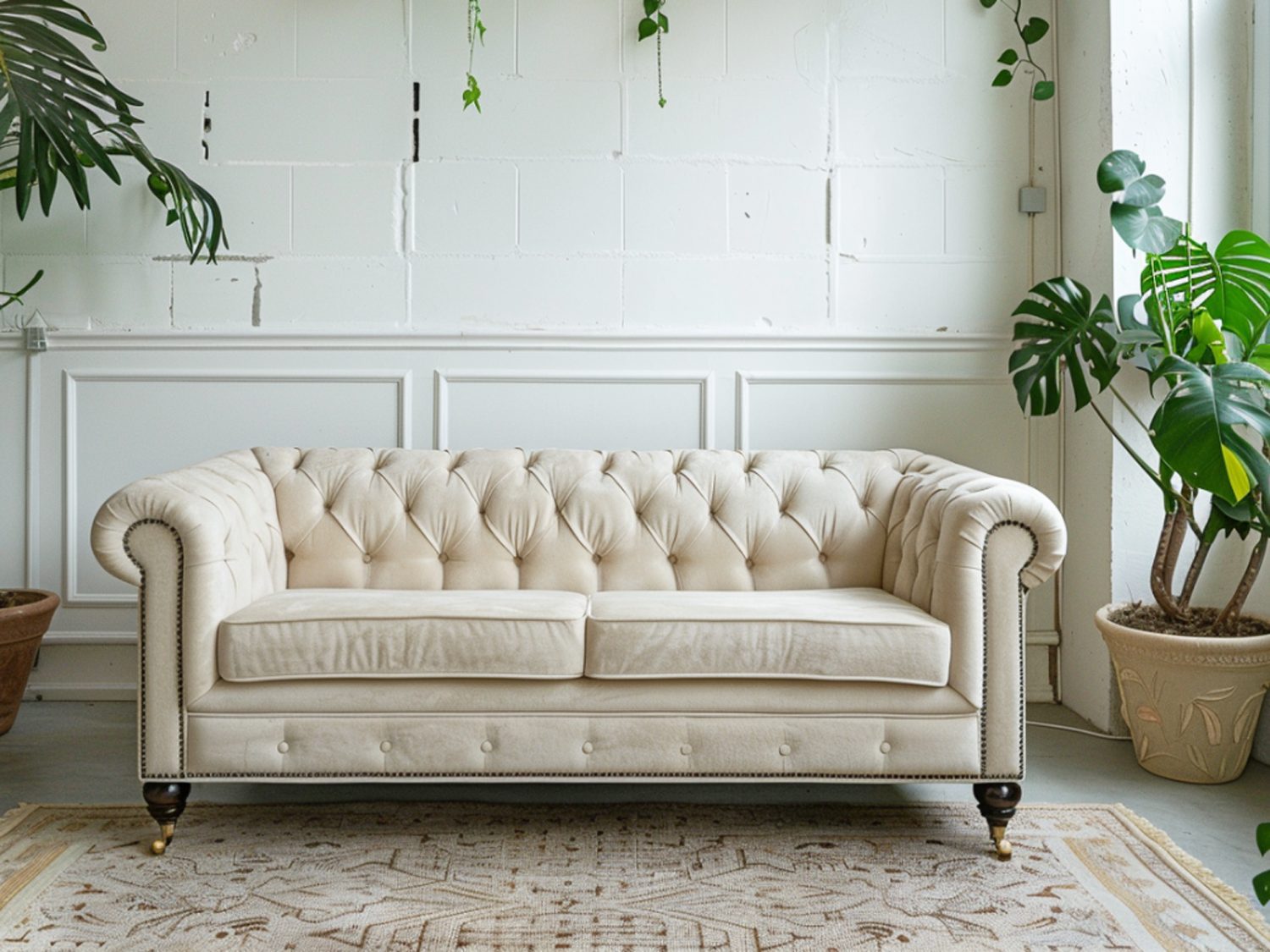 Jasna sofa Chesterfield z ozdobnym pikowaniem w stylu retro