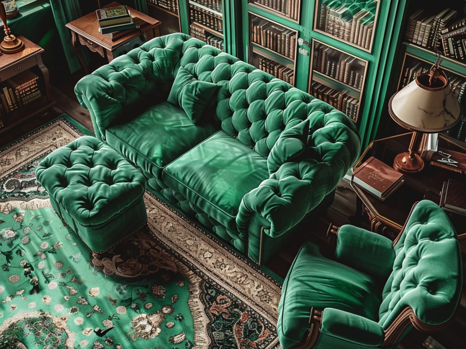 Zielona sofa Chesterfield w klasycznym gabinecie z regałem na książki