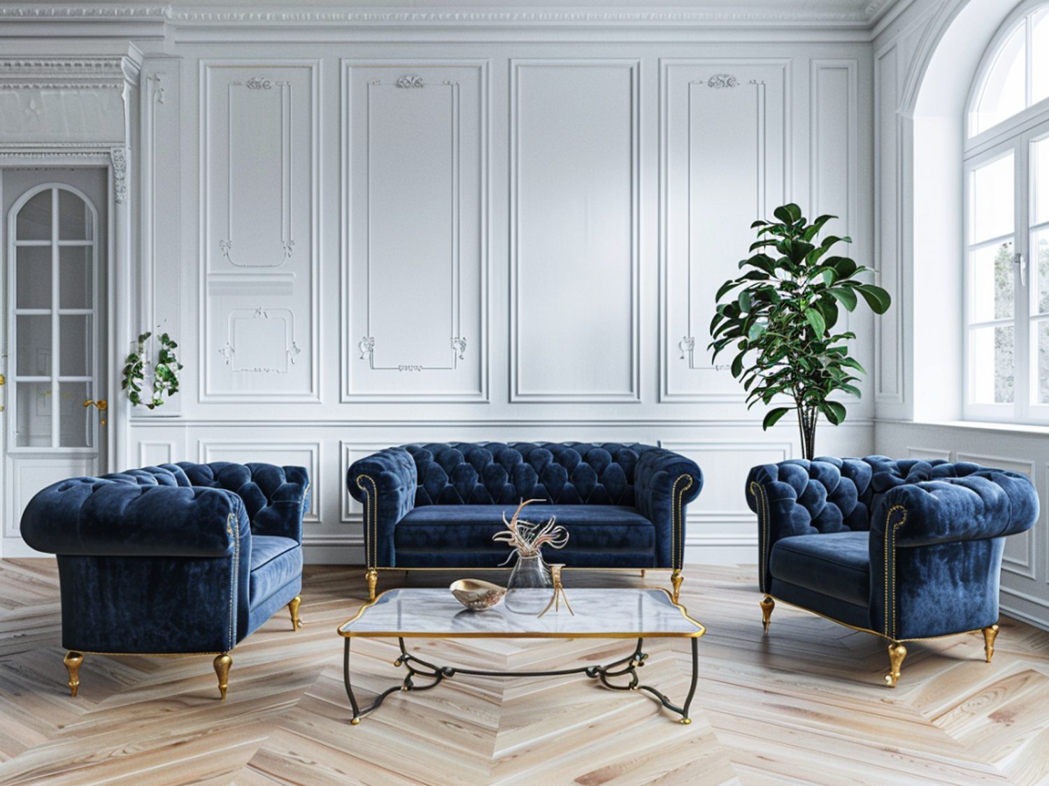 Stylowy salon z niebieskimi aksamitnymi sofami i złotym stolikiem