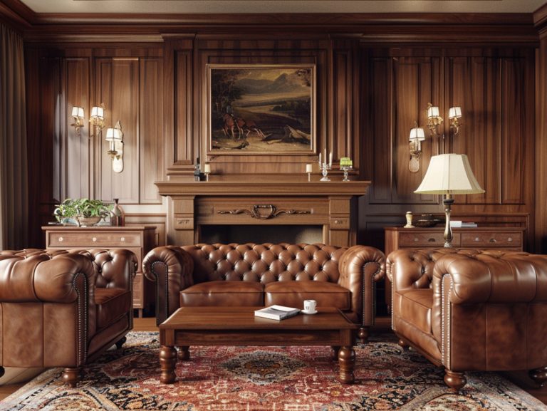 Gabinet z brązowymi skórzanymi fotelami i klasycznym kominkiem