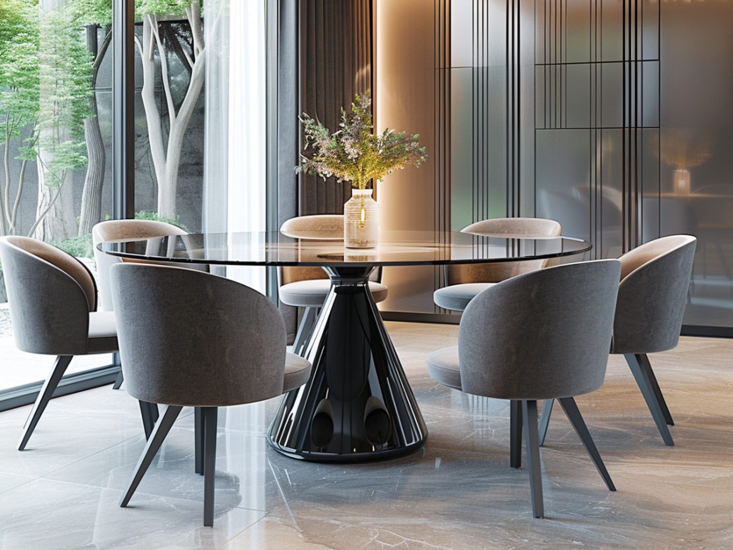 Okrągły stół z czarną podstawą i szarymi welurowymi krzesłami