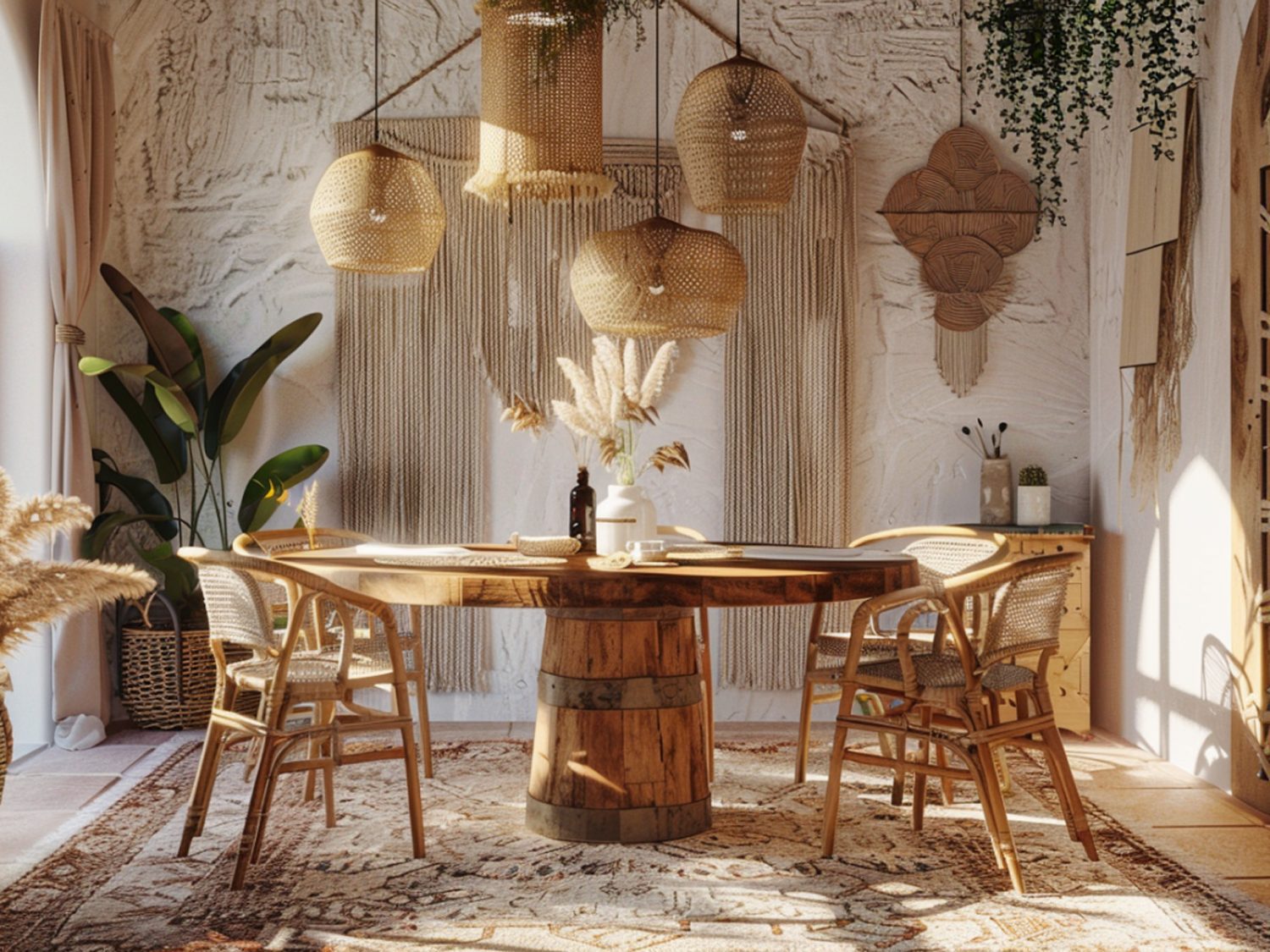 Jadalnia w stylu boho z rattanowymi krzesłami i dekoracją z suszonych traw