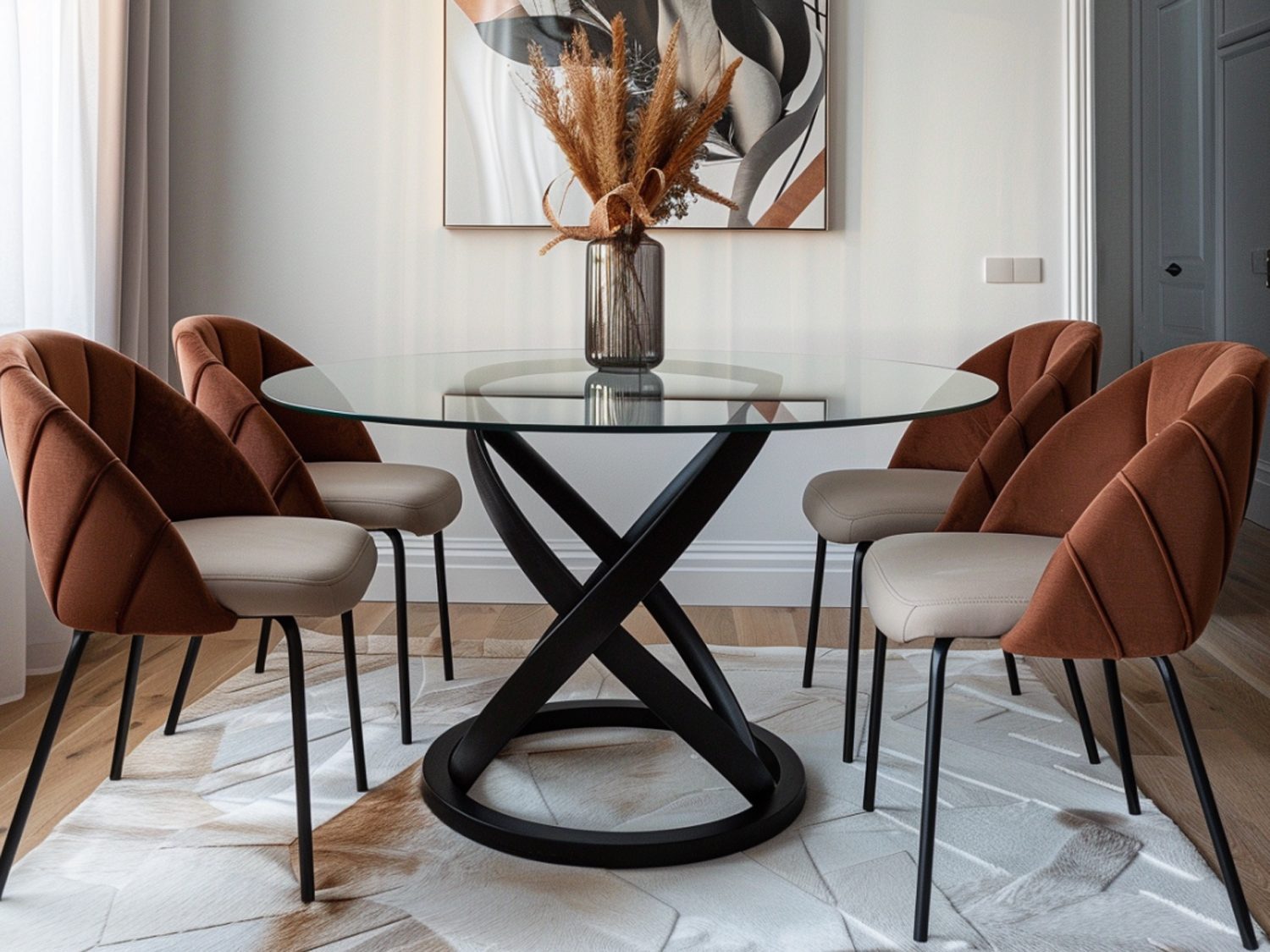 Okrągły stół ze szklanym blatem i tapicerowanymi krzesłami