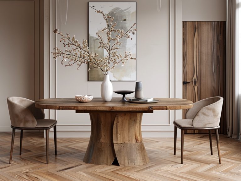 Salon z okrągłym stołem i dekoracją z gałęzi w wazonie