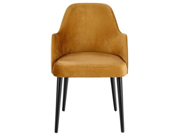 Welurowe krzesło musztardowe z podłokietnikami i czarnymi nogami