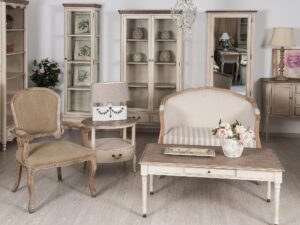 miniaturka Drewniana konsola prowansalska z toczonymi nogami i metalowymi uchwytami – Garda