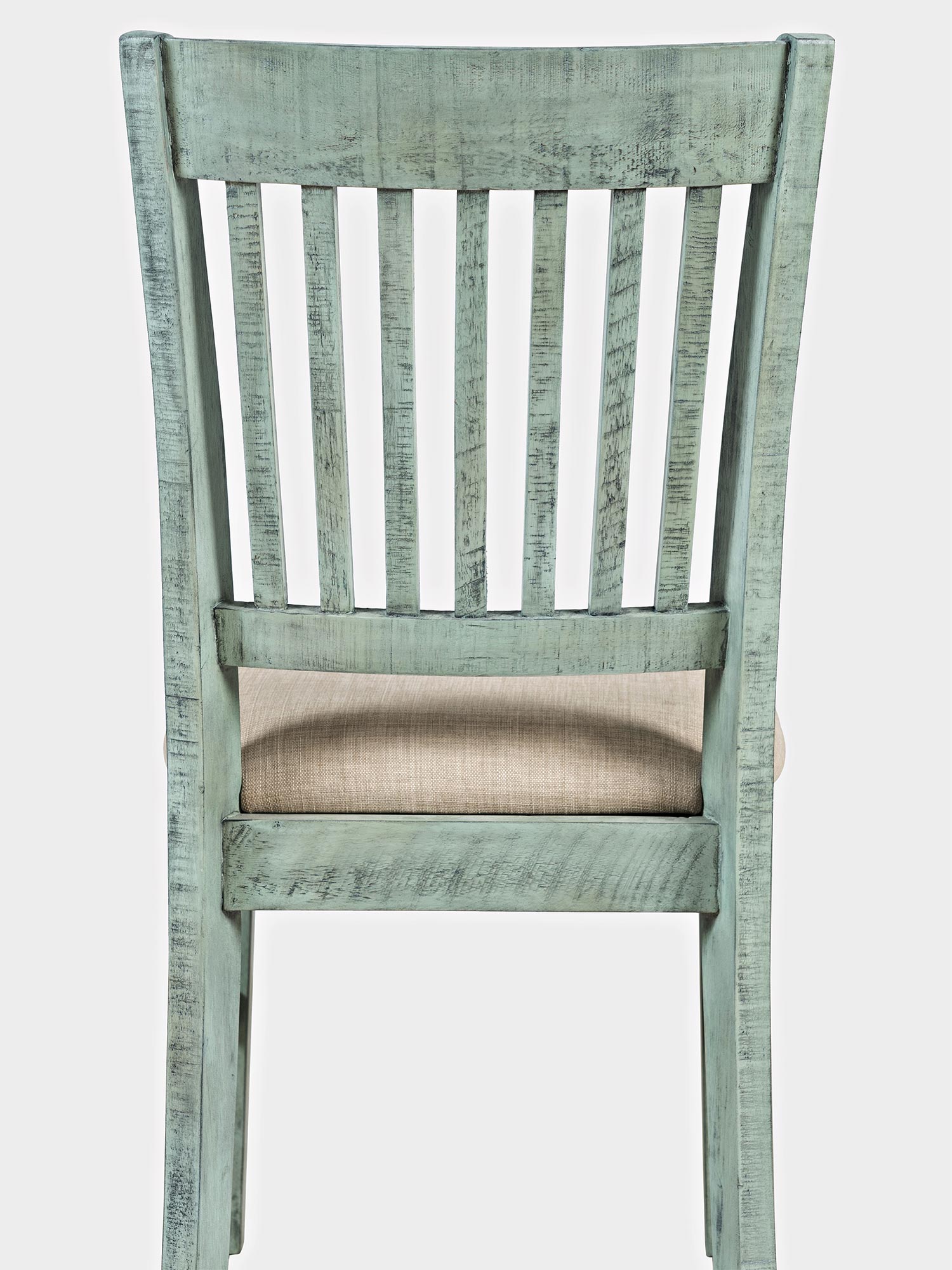 Drewniane krzesło w kolorze zielonym z pionowymi szczebelkami oparcia, widok z tyłu