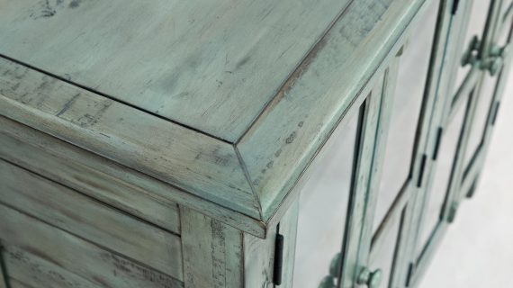 miniaturka Rustykalna Komoda Turkusowa z Przeszklonymi Drzwiami – Avola