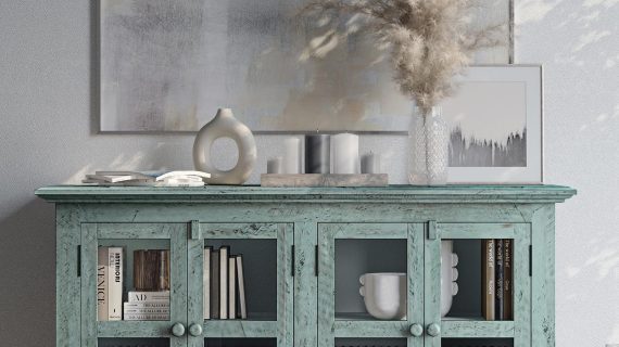 miniaturka Rustykalna Komoda Turkusowa z Przeszklonymi Drzwiami – Avola