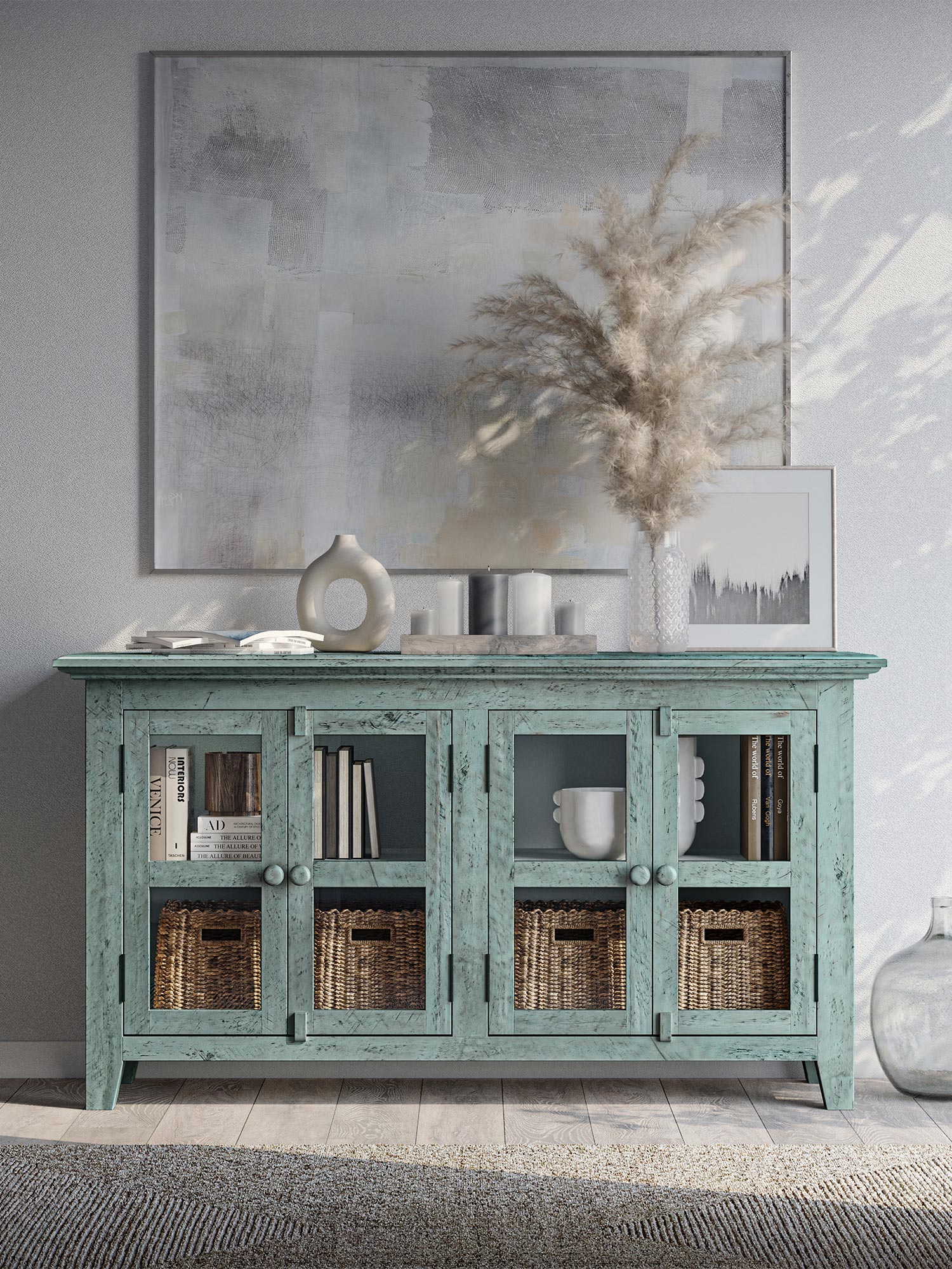 Aranżacja salonu z niską komodą turkusową z koszami wiklinowymi Aranżacja salonu z niską komodą turkusową z koszami wiklinowymi