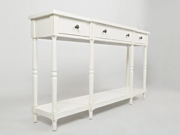 Biała konsola z trzema szufladami i dekoracyjną półką