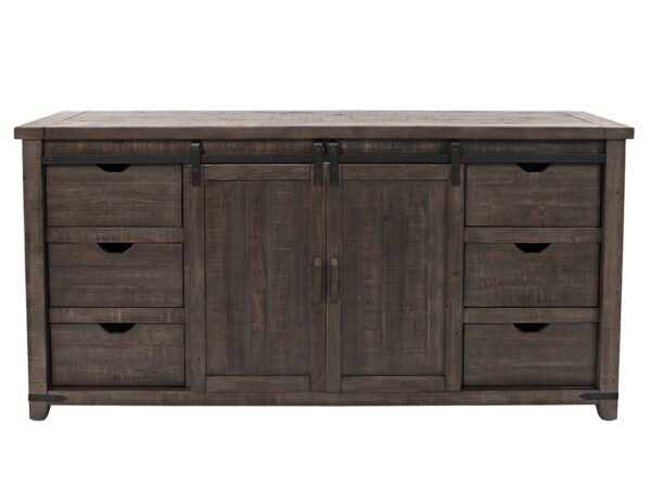 Duży kredens z ciemnego drewna z trzema szufladami i półkami