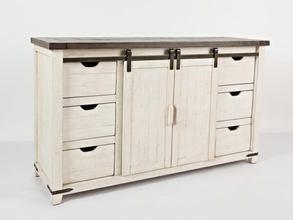 Komoda bielona z drzwiami przesuwnymi w stylu industrialnym