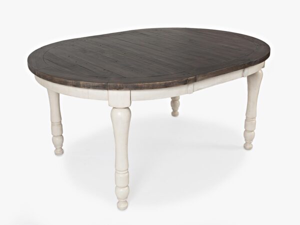Stół owalny z białymi nogami i ciemnym blatem, widok z przodu