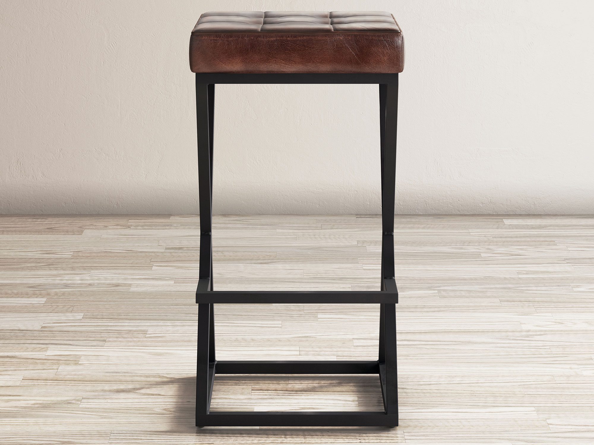 Hoker barowy z ciemnobrązowym skórzanym siedziskiem, widok frontalny